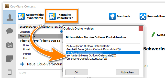 Outlook Kontakte zum Importieren auswählen