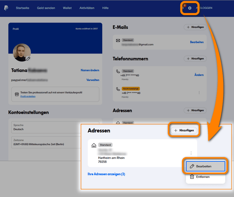 PayPal Adresse ändern oder eine neue hinzufügen