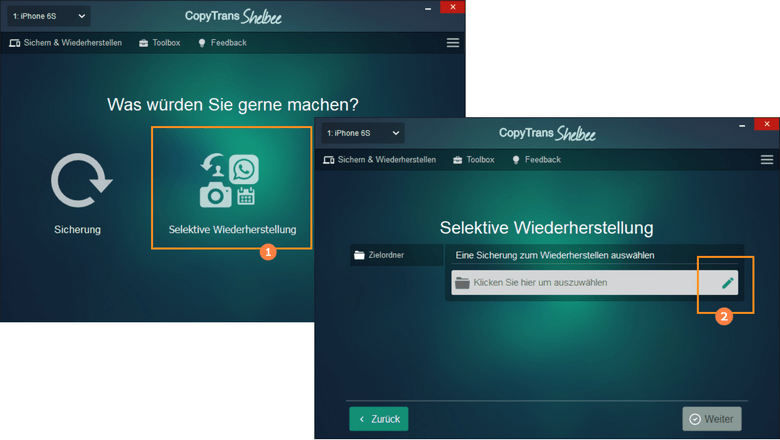 Funktion der selektiven Wiederherstellung in CopyTrans Shelbee