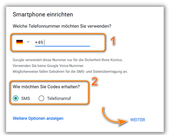 Telefonnummer eingeben Code bekommen