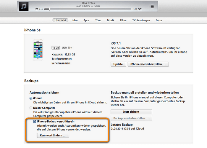 iTunes Backups verschlüsseln erstellen
