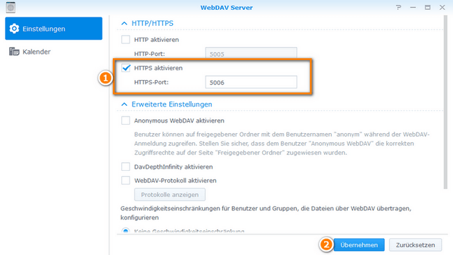 HTTPS in WebdDAV aktivieren und den Port wechseln