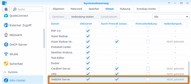 Packete-WebDAV-Verbindung testen