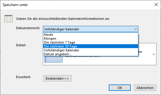 Outlook Kalenderinformationen speichern