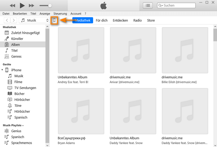 Liste der Funktionen mit iPhone Zeichen-Klick in iTunes