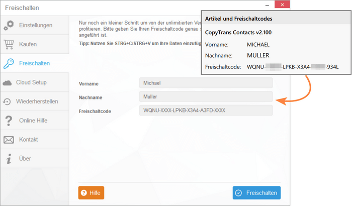 Freischaltdaten eingeben und das Programm aktivieren