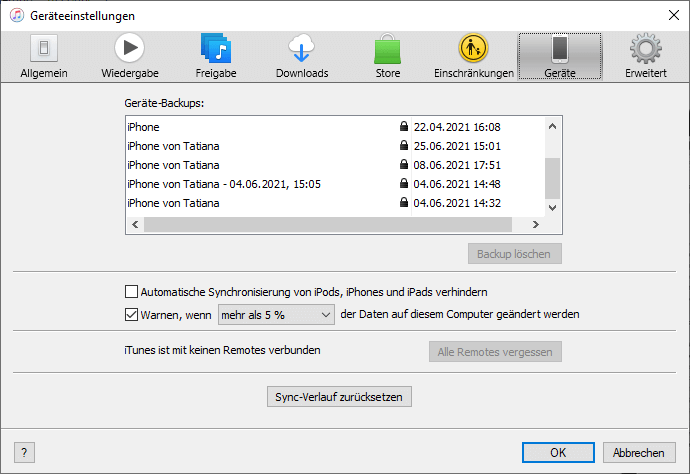 iTunes Backup in iTunes anzeigen
