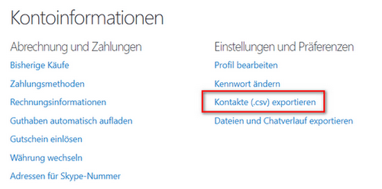 Von der Skype-Seite Kontakte exportieren