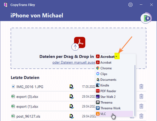 Video von PC auf iPhone:
VLC in CopyTrans Filey auswählen