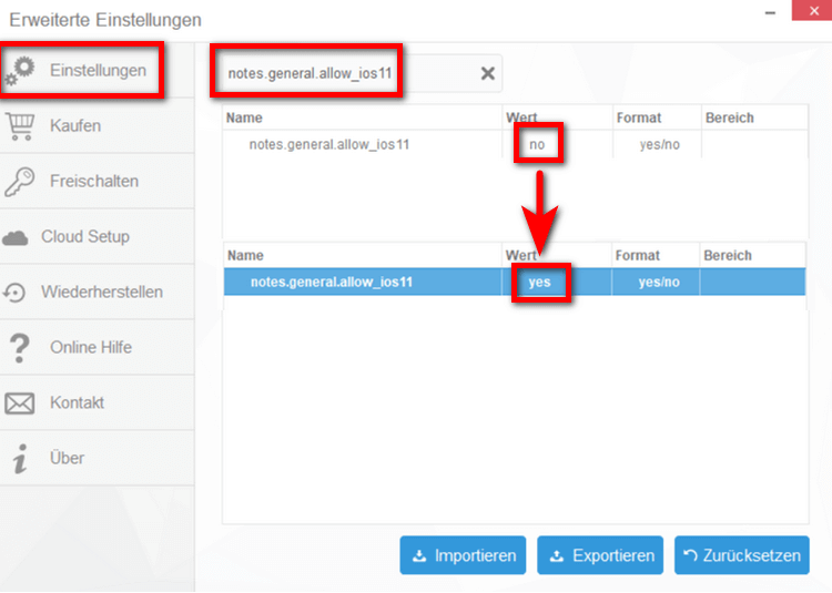 In erweiterten Einstelleunden den Wert ändern