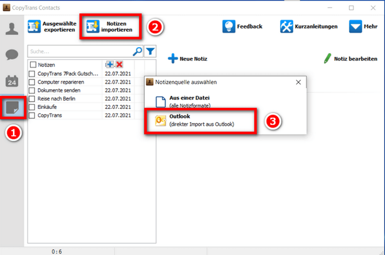 Notizen aus Outlook importieren