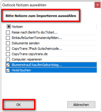 Outlook Notizen zum Importieren wählen