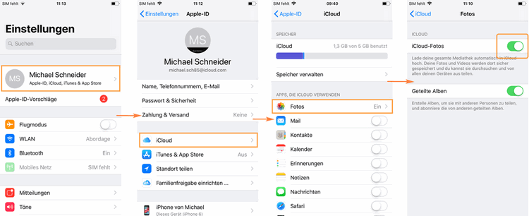 Fotos auf iPad übertragen: iCloud Fotos am iPhone aktivieren