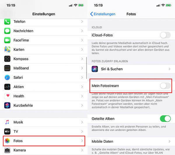 Bilder iPhone auf iPad:
Mein Fotostream am iPhone aktivieren