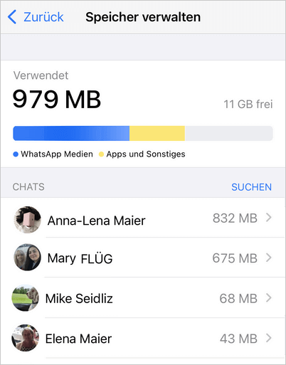 die WhatsApp Chats Größen anzeigen