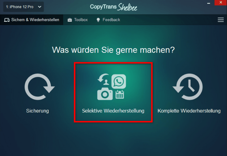 Selektive Wiederherstellun wählen, um iPhone Apps übertragen zu können