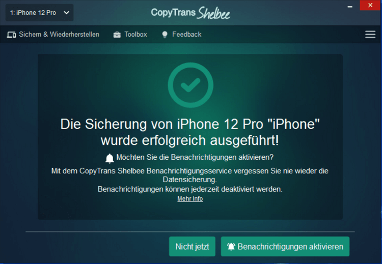 Backup ist erfolgreich, um Ringtone auf iPhone übertragen zu können