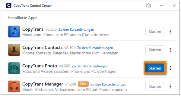 CopyTrans Photo in CopyTrans Control Center starten
