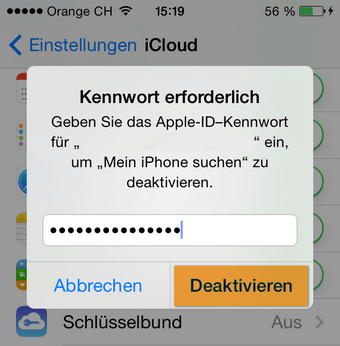 Apple ID Kennwort eingeben und iPhone suchen ausstellen