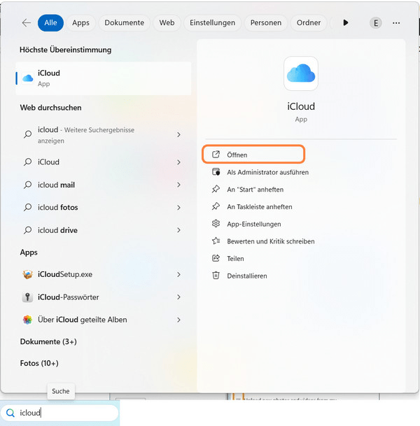 Öffnen Sie iCloud für Windows über das Startmenü