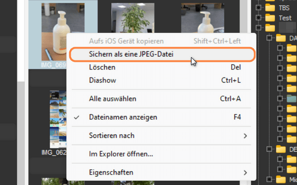 Speichern Sie auf den PC übertragene Fotos als JPEG
