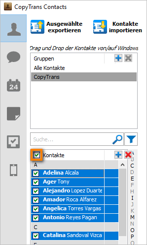 Alle Kontakte zum Übertragen auswählen