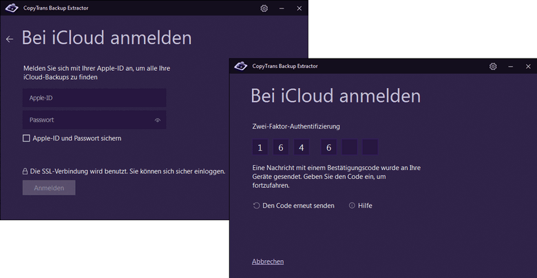 Bei iCloud im Programm CopyTrans Backup Extractor anmelden