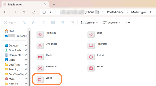 Videos Ordner in CopyTrans Studio