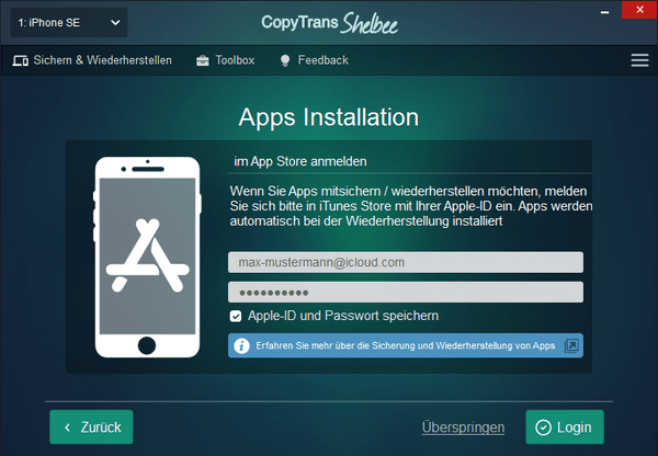 Apple Daten für die Apps Installation eingeben