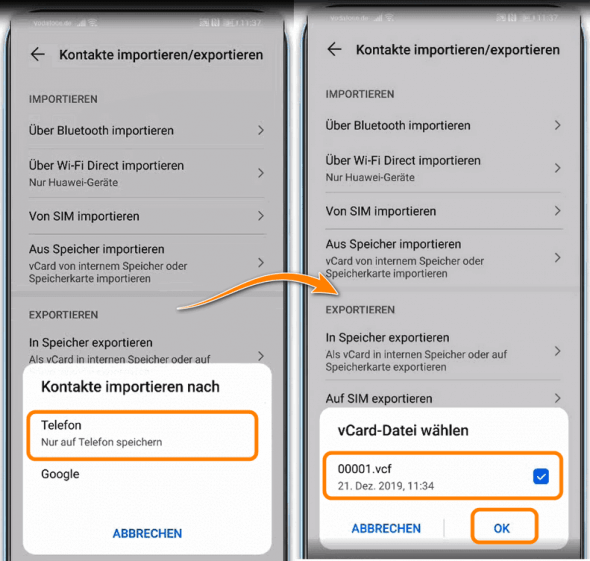 Kontakte auf Huawei übertragen