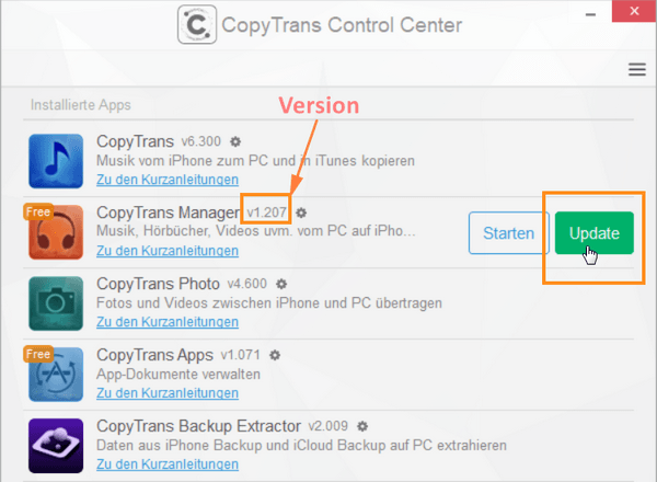 CopyTrans Manager auf die neue Version aktualisieren