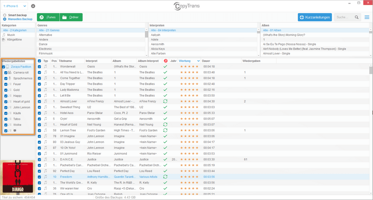 iPhone Wiedergabeliste in CopyTrans auswählen
