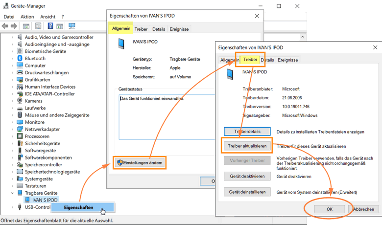 iPod Eigenschaften in Windows öffnen