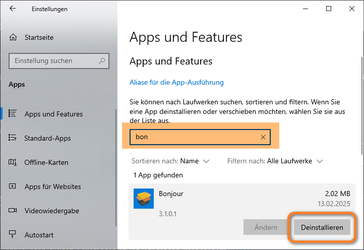 Apple Programme in Windows Einstellungen deinstallieren