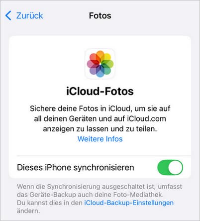 Die Funktion iCloud Fotos ist aktiviert