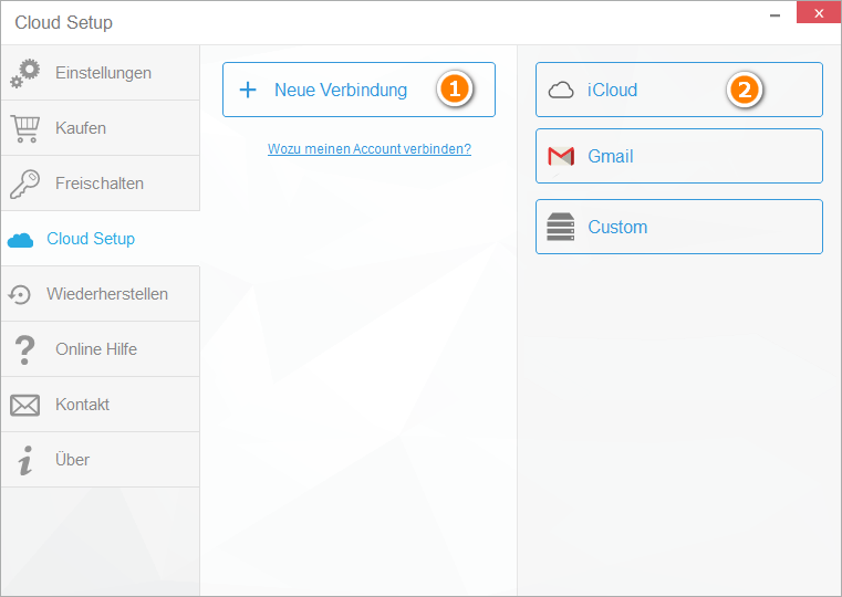 Neue Verbindung im Programm herstellen: iCloud wählen