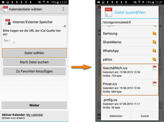 .ics-Datei aus gerätespeicher auswählen