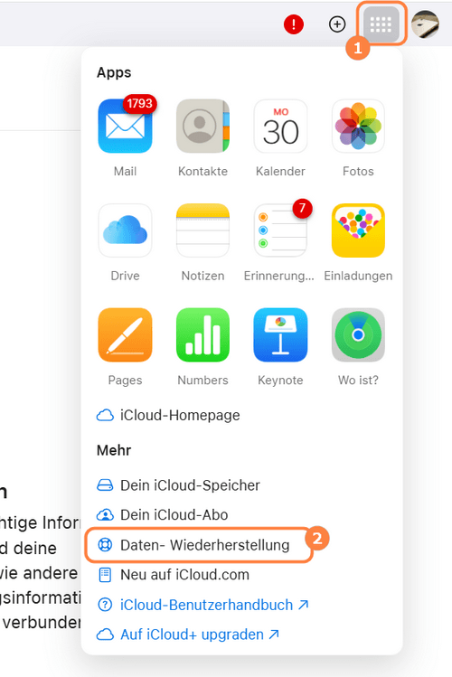 Dropdown-Menü im iCloud-Hauptmenü
