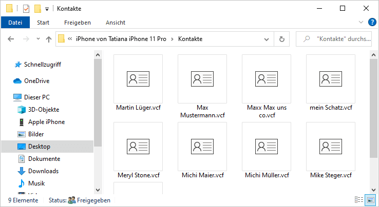 Apple Kontakte exportieren erfolgreich als vCard