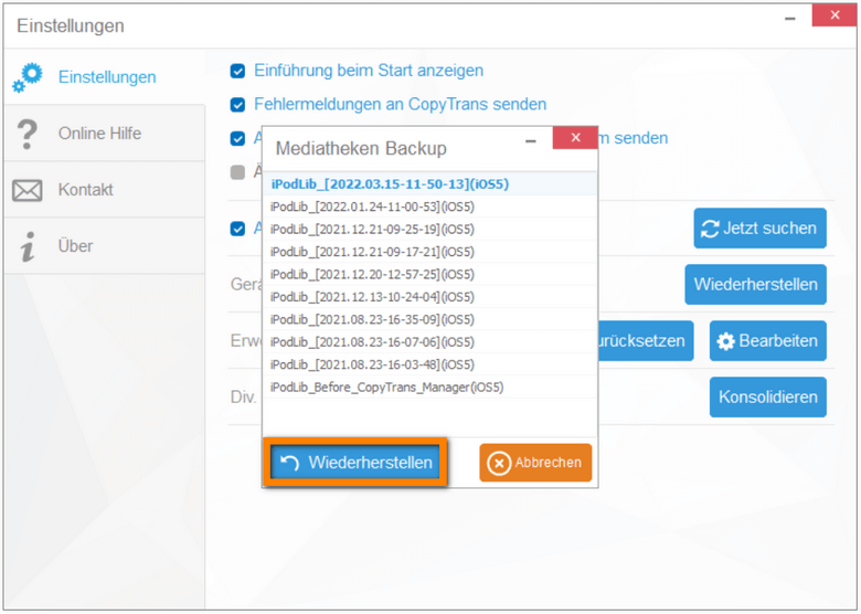 Im Fenster Mediathek Backup wiederherstellen wählen