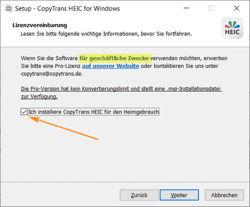 Lizenztyp in CopyTrans HEIC auswählen