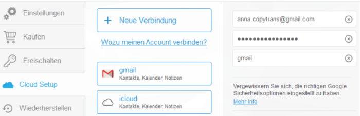 CopyTrans Contacts ist mit Gmail synchronisiert