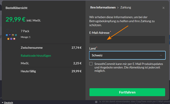 E-Mail-Adresse während des Zahlungsvorgangs eingeben