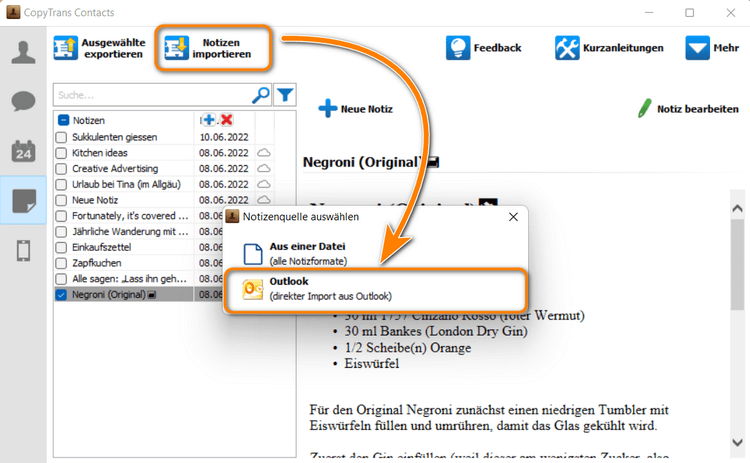 Notizen aus Outlook importieren