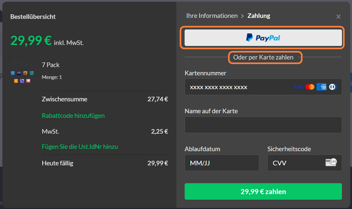 Zahloptionen in dem Warenkorb auswählen