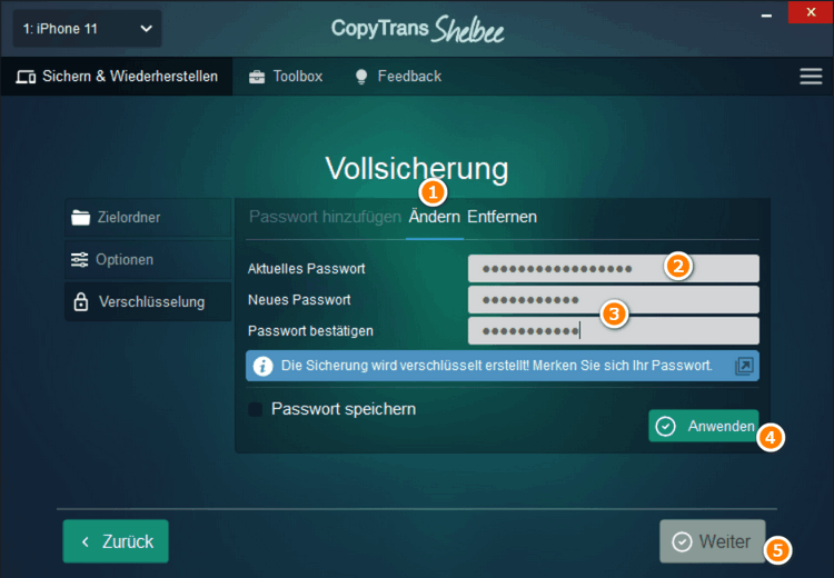 Backup Passwort ändern CopyTrans Shelbee