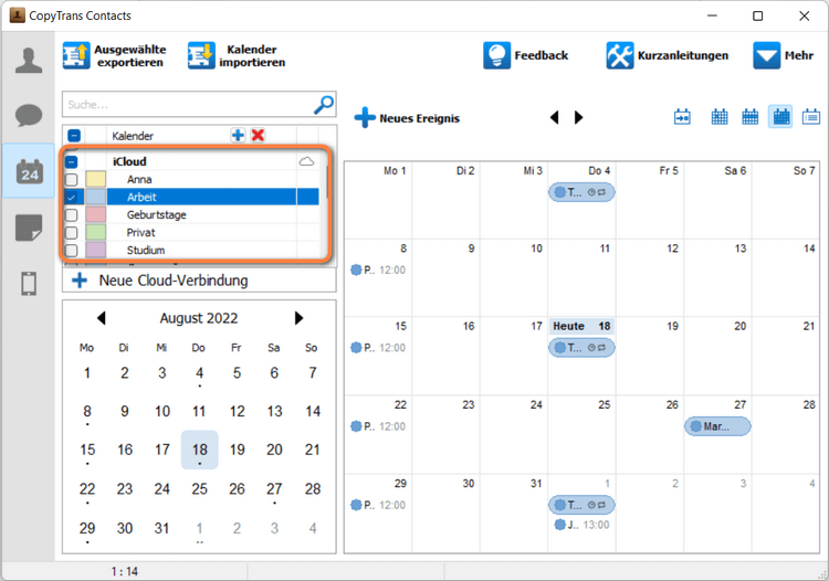 Kalender Einträge sind im Programm