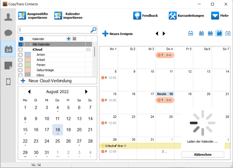 Kalender sind in CopyTrans Contacts geladen