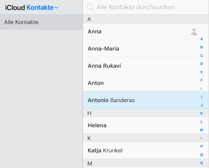 iCloud Kontakte: Kontaktliste