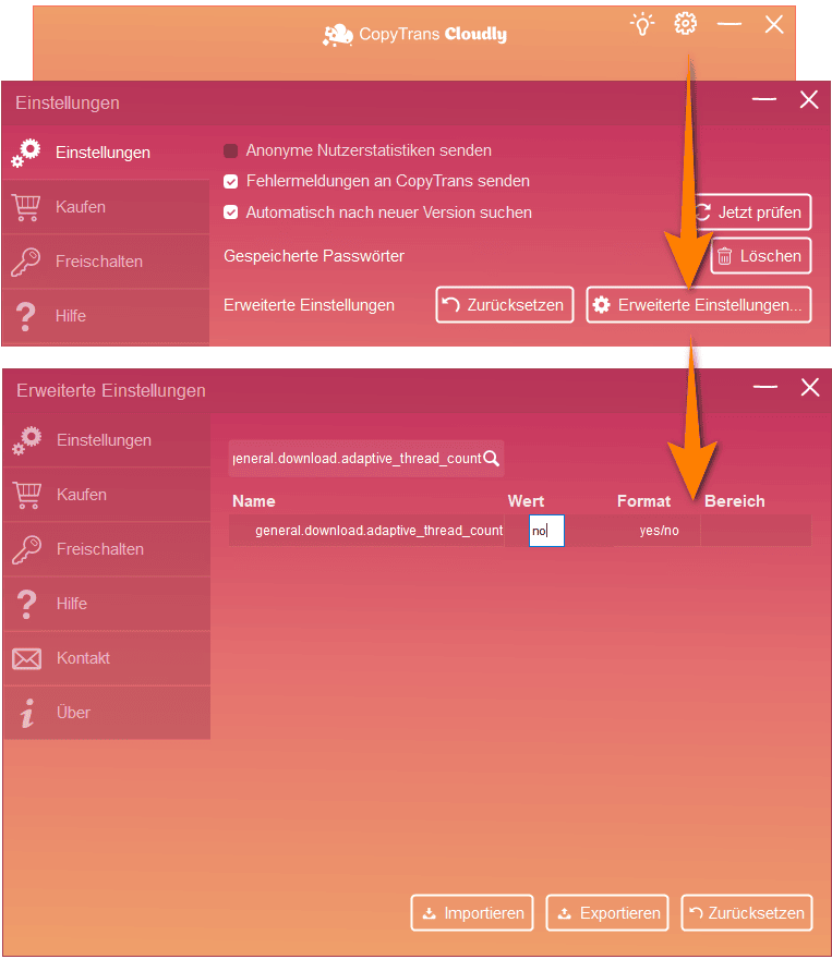 So ändern Sie erweiterte Einstellungen in CopyTrans Cloudly